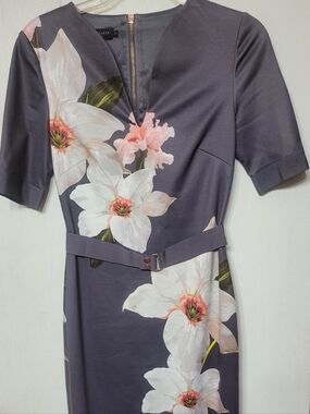 Ted Baker Gray Floral-Print Sheath Dress with Belt